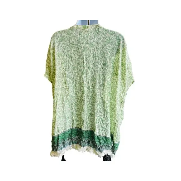 J.Jill Crinkle Tunic Top 3X Green Boho Floral Tassel Hem India Made - Picture 3 of 4